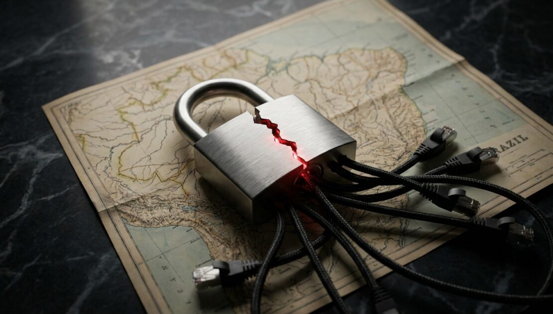 Cadeado rachado com cabos de rede sobre mapa do Brasil, simbolizando ataques de ransomware