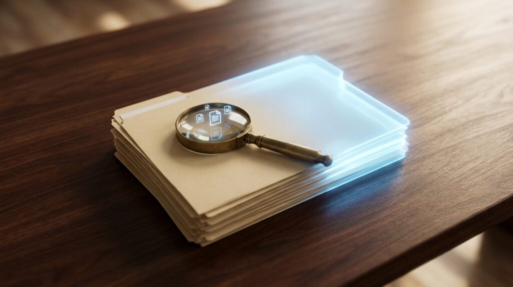 Gestão Eletrônica de Documentos e OpenKM Pilha de pastas de documentos transformando-se em uma pasta digital luminosa, simbolizando gestão eletrônica de documentos
