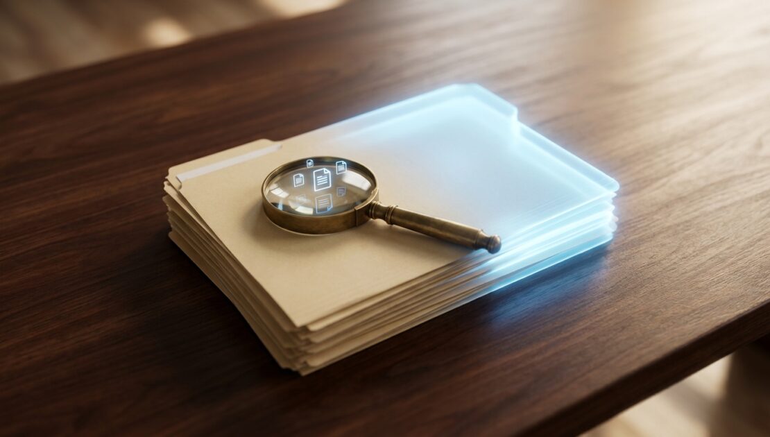 Pilha de pastas de documentos transformando-se em uma pasta digital luminosa, simbolizando gestão eletrônica de documentos