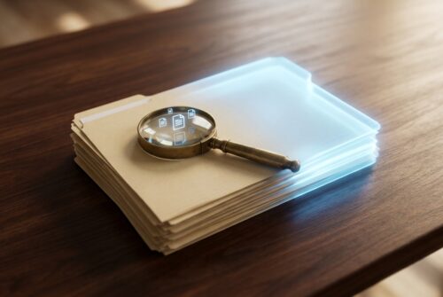 Pilha de pastas de documentos transformando-se em uma pasta digital luminosa, simbolizando gestão eletrônica de documentos
