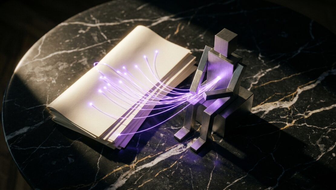 Figura abstrata de metal conectada por luzes a um livro aberto, simbolizando agentes de inteligência artificial