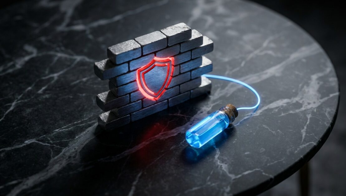 Muro de tijolos com escudo vermelho e frasco azul luminoso, simbolizando firewall e antivírus corporativo trabalhando juntos