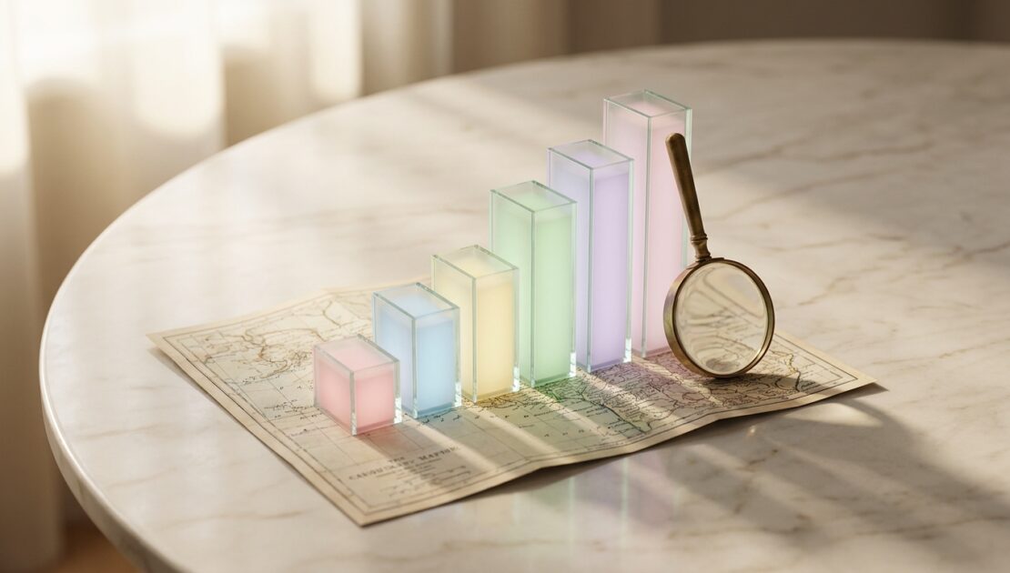 Barras de vidro coloridas em formato de gráfico sobre um mapa, simbolizando decisões orientadas a dados com Power BI