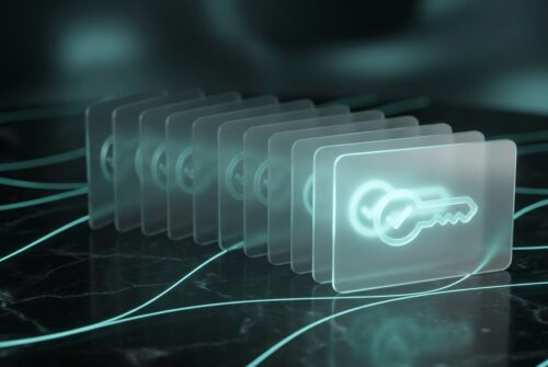 Cartões de vidro com chaves representando licenças e assinaturas de software